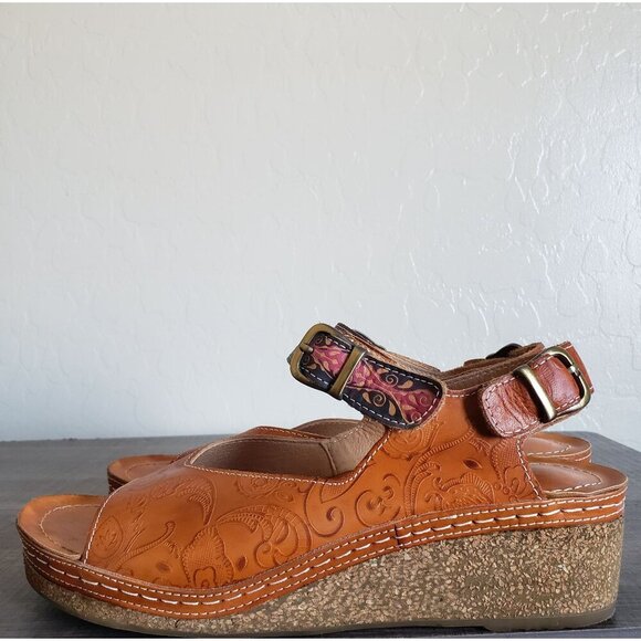 L'Artiste by Spring Step Teddy Tooled Leather Wedge Sandals Brown Size Women's 9 - Picture 3 of 11